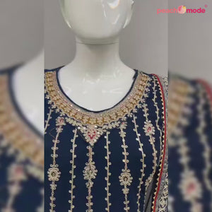 Blue Sequins Embroidered Georgette Semi Stitched Sharara Suit