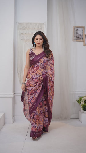 Purple Moss Satin Saree With Blooming Floral Print Design