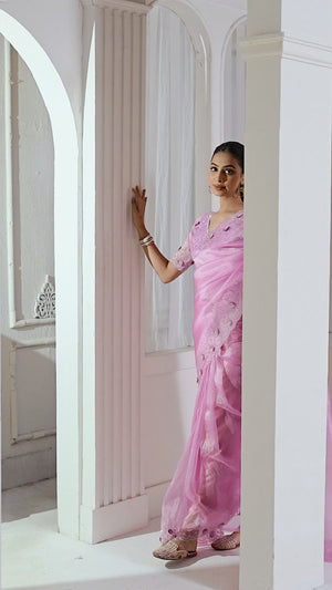 Pink Stone Work Soft Organza Saree