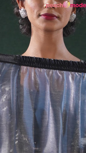 Bluish Grey Solid With Stone Work Satin Silk Ombre Ready To Wear Saree