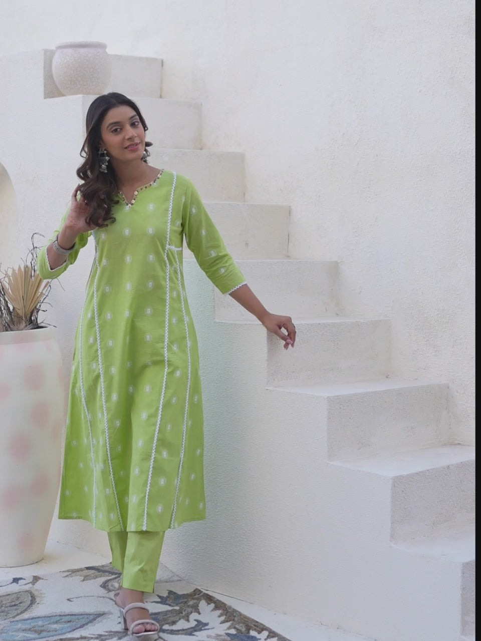 Parrot Green Floral Printed Cotton Top Bottom Set with Neck Detailing