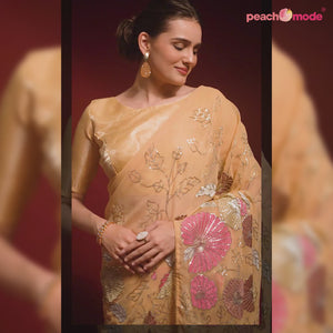 Orange Floral Sequins Embroidered Georgette Saree