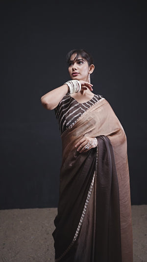 Stunning Coffee Brown Satin Silk Ombre Saree Adorned With Sparkling Stone Work Border