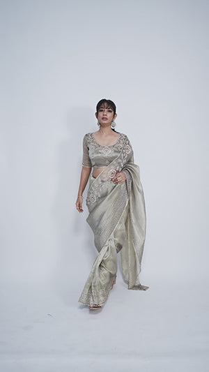 Elegant Grey Kanjivaram Silk Saree Adorned With Stone Work & Cut Dana Detailing