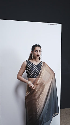 Stunning Black & Brown Satin Silk Ombre Saree Adorned With Sparkling Stone Work Border