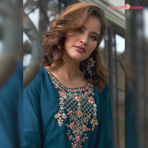 Beige Floral Embroidery Chanderi Silk Suit