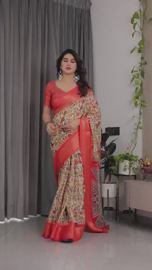 Peachmode Cream Handloom Linen Cotton Floral Print Saree - Video 2
