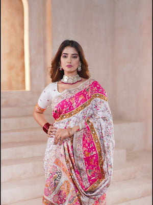 Traditional White Rajwadi Weaving Pashmina Silk Saree With Kashmiri Pallu & Elegant Zari Border