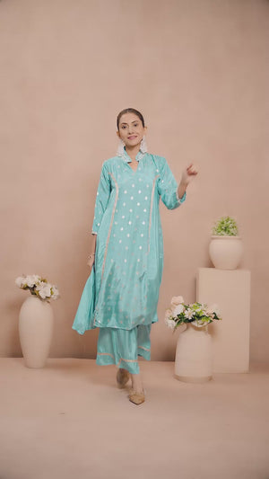 Turquoise Silk Blend A-Line Top Bottom Set With Zari Weaving And Stone Work