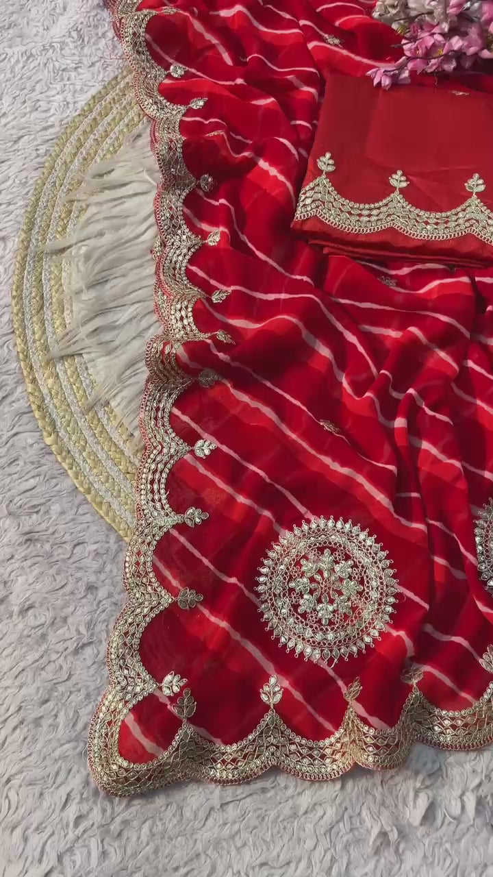 Peachmode Red Embroidered Leheriya Georgette Saree - Video 2