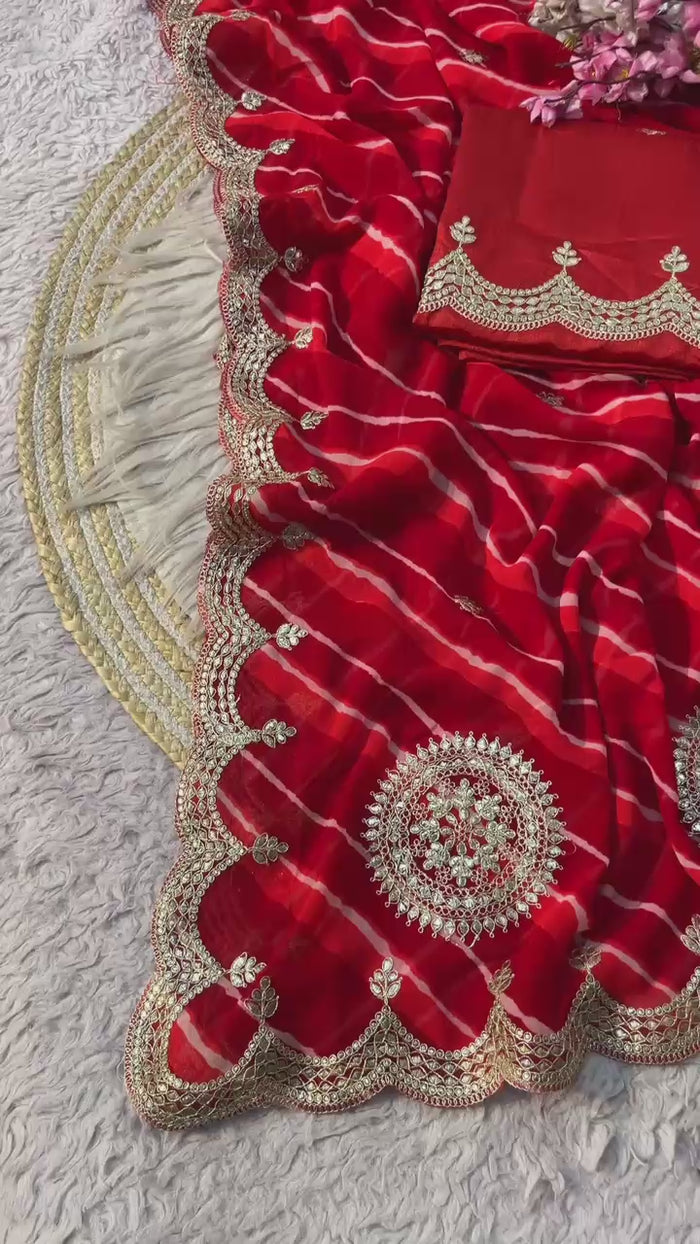 Peachmode Red Embroidered Leheriya Georgette Saree - Video 2