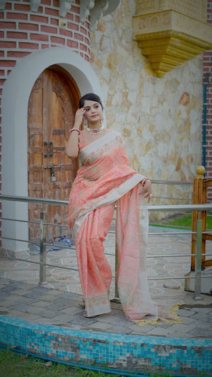 Beautiful Orange Tissue Handloom Saree with Detailed Digital Floral Embellishments