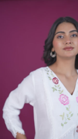 White Neck Embroidered Viscose Top Bottom Set