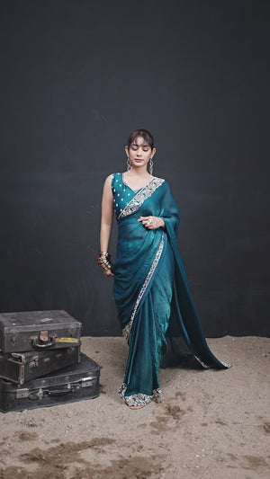 Luxurious Teal Solid Satin Silk Saree Adorned With Floral Stone Work Border
