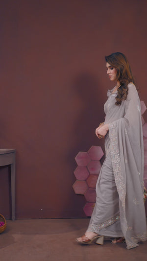 Grey Georgette Saree Featuring Intricate Floral Sequin Embroidery