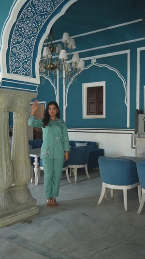 Sea Green Floral Hand Work Embroidered Chanderi Co-Ord Set