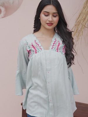 Elegant Light Sky Blue A-Line Cotton Top with Delicate Floral Work