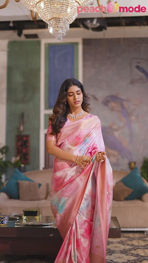 Pink Pure Silk Floral Print With Weaving On Border