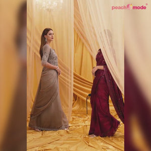 Beige Sequins Embroidered Georgette Saree With Tassels