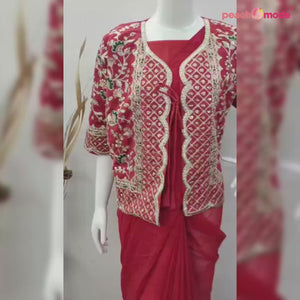 Red Woven Georgette Saree With Embroidered Jacket
