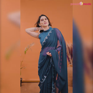 Teal Embellished Georgette Saree With Mirror Work