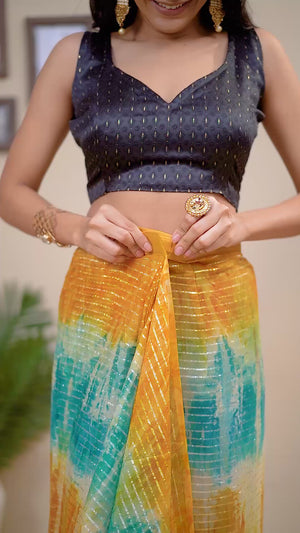Yellow & Blue Striped Zari With Digital Printed Georgette Ready To Wear Saree