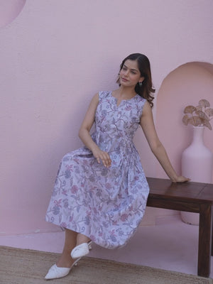Light Grey Cotton A-Line Dress with Hand Embroidered Florals