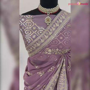 Onion Pink Sequins Embroidered Georgette Saree