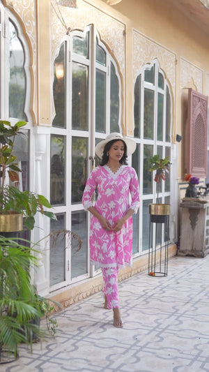 Pink Floral Printed Pure Cotton A-Line Top Bottom Set