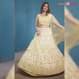 Yellow Floral Sequins Embroidered Net Lehenga Choli
