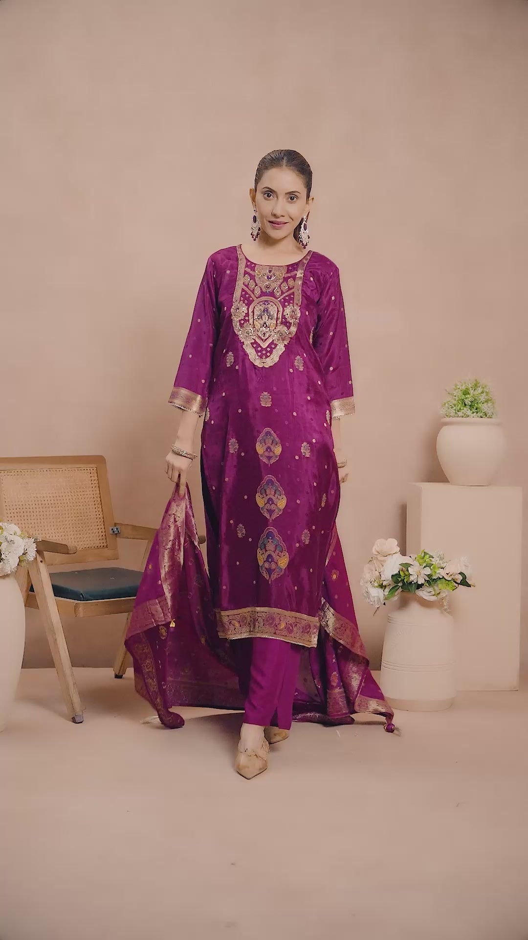 Wine Colored Viscose Jacquard Silk Straight Salwar Suit With Zari Weaving And Stone Work.