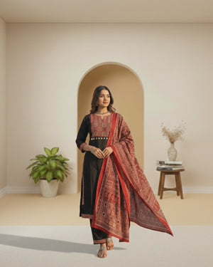 Black Pure Cotton Salwar Suit with Ajrakh Printed Dupatta and Refined Pattern Detailing