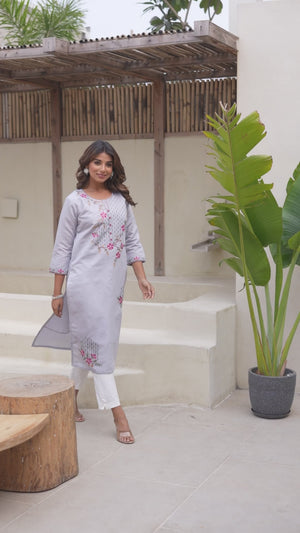 Grey Floral Embroidered Chanderi Straight Kurti With Handwork