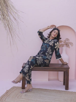 Black Floral Printed Rayon Short Top And Bottom Pant