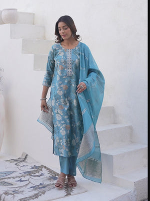 Blue Straight Viscose Salwar Suit With Delicate Floral Prints