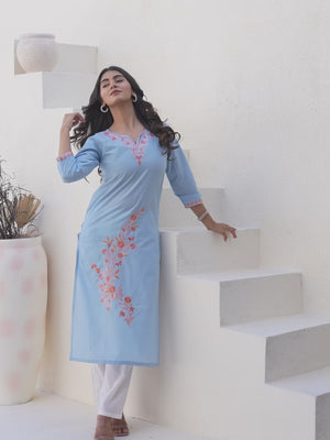 Light Blue Pure Cotton Kurti with Floral Embroidery