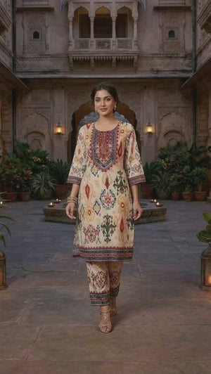 Offwhite Ikkat Print Crepe Top and Bottom Set with Soft Flowing Fabric