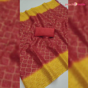 Red & Yellow Foil Printed Kota Doria Saree