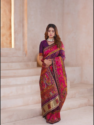 Traditional Wine Rajwadi Weaving Pashmina Silk Saree With Kashmiri Pallu & Elegant Zari Border