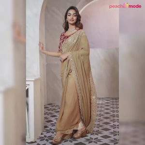 Brown Floral Sequins Embroidered Chiffon Saree