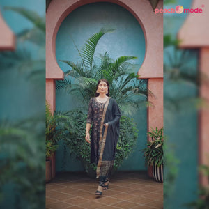 Black Straight Chanderi Silk Suit With Handcrafted & Foil Print