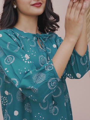 Trendy Blue Straight-Cut Rayon Top with All-Over Print