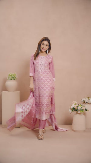 Light Purple Silk Jacquard Straight Salwar Suit with Embroidery Work