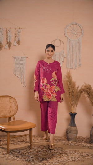 Mulberry Wine Beads Work Digital Printed Muslin Co-Ord Set