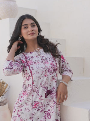 Off White Rayon A-line Kurti With Artistic Floral Prints