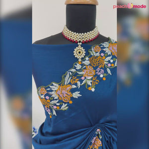Blue Embroidery Vichitra Silk Saree With Floral Border