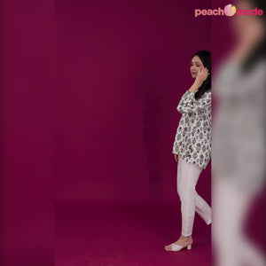 White & Black Floral Printed Rayon Top