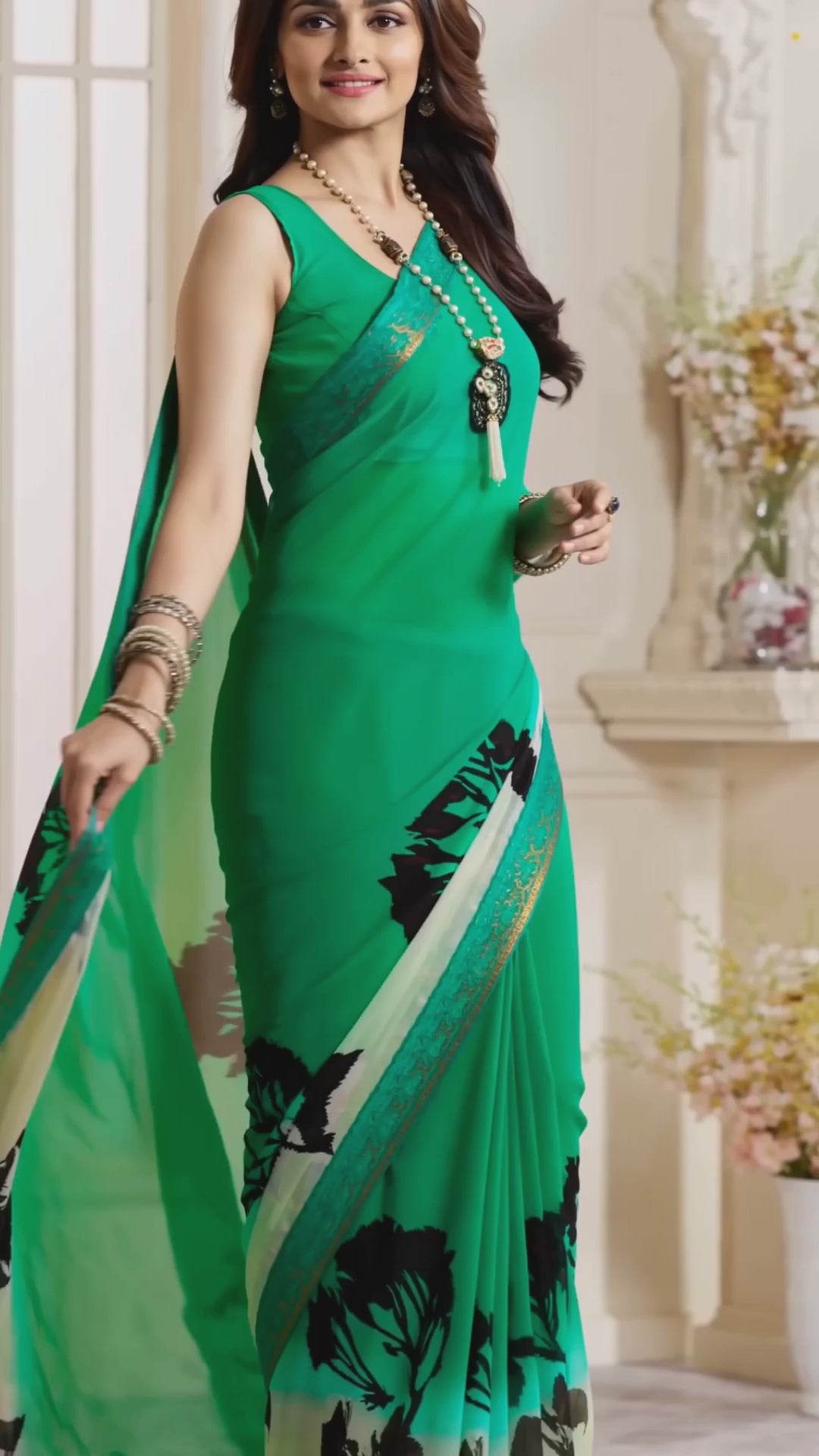 Green Printed Georgette Saree With Lace Border - Video 2