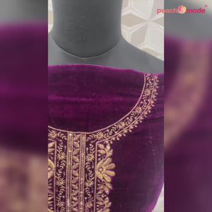 Purple Floral Embroidered Velvet Semi Stitched Suit
