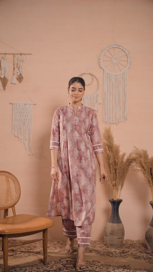 Mauve Floral Foil Printed Cambric Cotton Kurti Palazzo Set